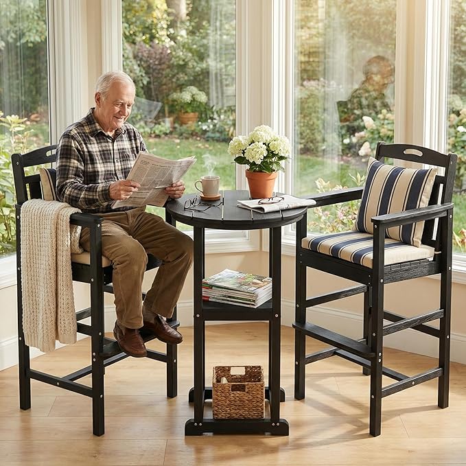 Ciokea Heavy Duty Bar Height Chair, 380lbs Outdoor Adirondack Tall Bar Chair Patio Stool with Arms & High Back, Heavy Duty All-Weather for Balcony, Poolside, Deck and Garden, Black