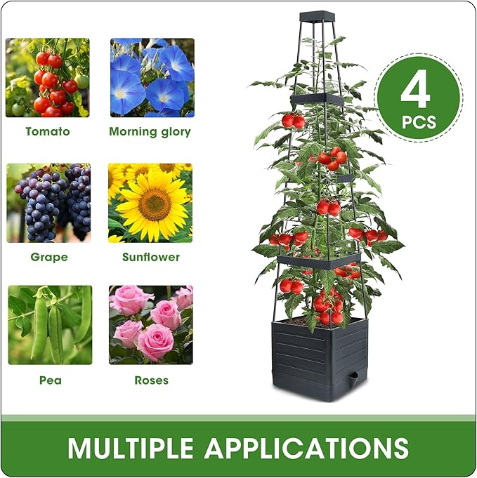 MQFORU Tomato Planter Boxes with Trellis Outdoor, 57" Self Watering Raised Garden Bed, Tall Square Planters for Indoor Plants, Large Tomato Cage for Patio, Use for Indoor Outdoor (4)