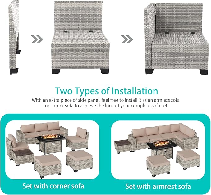 9-Piece Outdoor Patio Furniture Set with 55,000 BTU Fire Pit Table, PE Wicker Rattan Sectional Sofa Patio Conversation Set with Ottomans & Coffee Table, Sand
