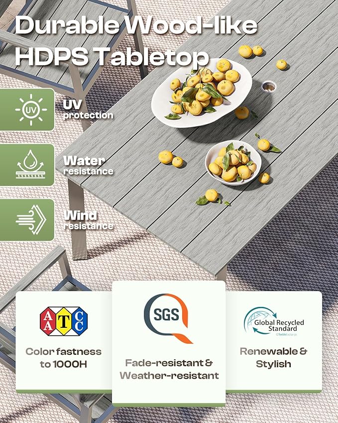 Aluminum Outdoor Dining Set for 6, Patio Table and Chairs Set with Umbrella Hole, 7 Pieces HDPS Outdoor Furniture Sets for Patio, Garden (Gray & Teak)