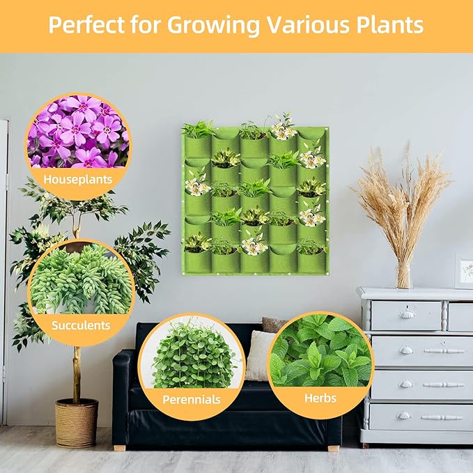 LITLANDSTAR Planter, 25 Pockets Hanging Vertical Wall Bag, Green (1.0 m × 1.0 m), Indoor-Outdoor Use