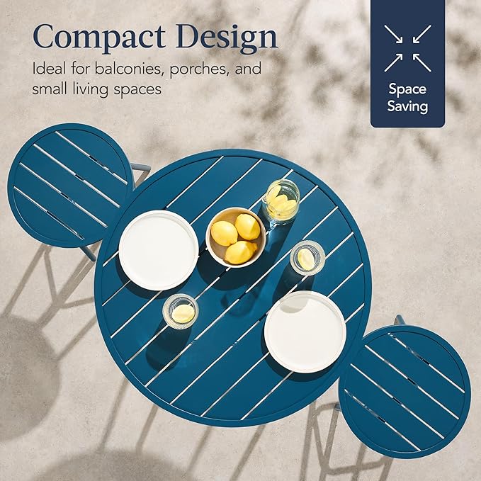 Best Choice Products 3-Piece Patio Dining Set, Bar Height, Outdoor Bistro Set, Outdoor Round Bar Table w/ 2 Bar Stools, Steel - Peacock Blue