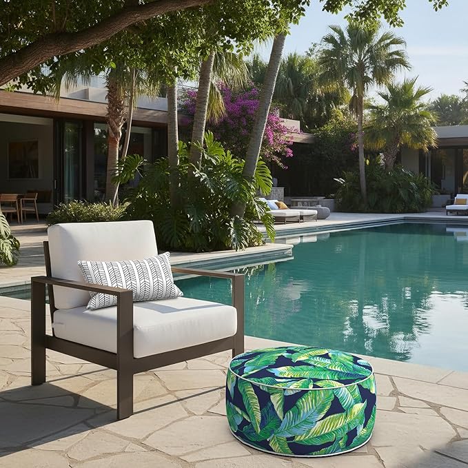 LVTXIII Indoor/Outdoor Inflatable Ottoman with Handle D21 x H9 Inch, Weather-Resistant Round Footstool Pouf for Patio Camping Living Room, Portable Footrest Extra Seating, Hanalei Lagoon