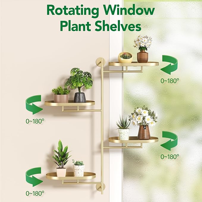 Rotating Window Shelves for Multiple Plants Indoor,4-tier Metal Corner golden Plant Stand Holder Floating Hanger Shelf for Wall，Windows Sill Gifts for Planter Lover to Enhance Home Decor