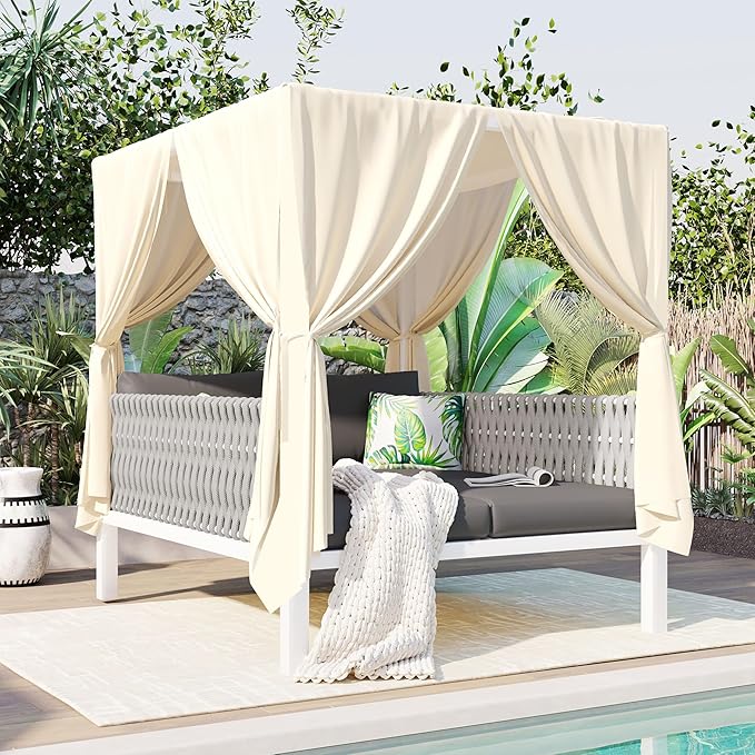 Merax Outdoor Patio Daybed with Soft Cushions and Curtains, Double Chaise Lounge Sunbed with Rubber Core Rope Backrest and Comfy Pillows for Outside Pool, Garden, Backyard, Lawn, Gray+Beige