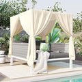 Merax Outdoor Patio Daybed with Soft Cushions and Curtains, Double Chaise Lounge Sunbed with Rubber Core Rope Backrest and Comfy Pillows for Outside Pool, Garden, Backyard, Lawn, Gray+Beige