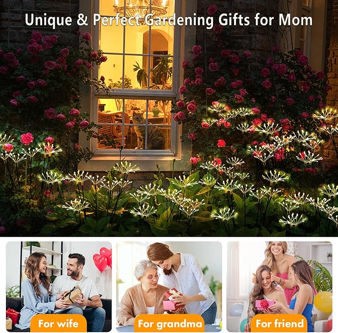 Kwaiffeo Solar Garden Light 4 Pack Outdoor Waterproof Firework Lights with 240 LEDs Twinkling Fairy Solar Lights Outdoor Garden Yard Pathway Decor, Gardening Gifts for Women Mothers Day (Warm White)