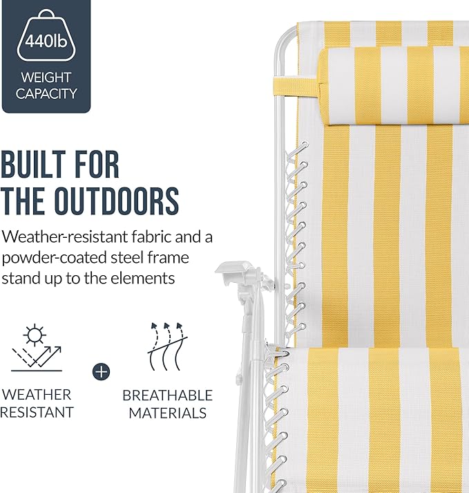Best Choice Products Set of 2 Extra Wide Adjustable Steel Mesh Zero Gravity Lounge Chair Recliners w/Pillows and Cup Holder Trays - Marigold Stripes/White