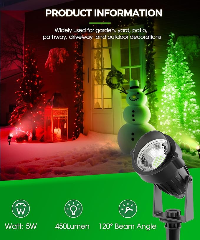 L LOHAS LED Green Spotlight Outdoor, Tree Spot Lights for Yard, Auto On/Off 5W 120V Landscape Lighting for House, Holiday, Christmas Decoration, 450LM IP66 Waterproof, UL Listed, 2 Pack