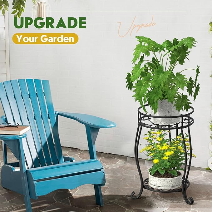TOSKING 2 Tier Metal Plant Stand Indoor Outdoor , Rustproof Stable Plant Stands Multiple Plant Rack Holder Flower Pot Stand for Living Room Balcony Garden Patio Bedroom (Black, 19.5)