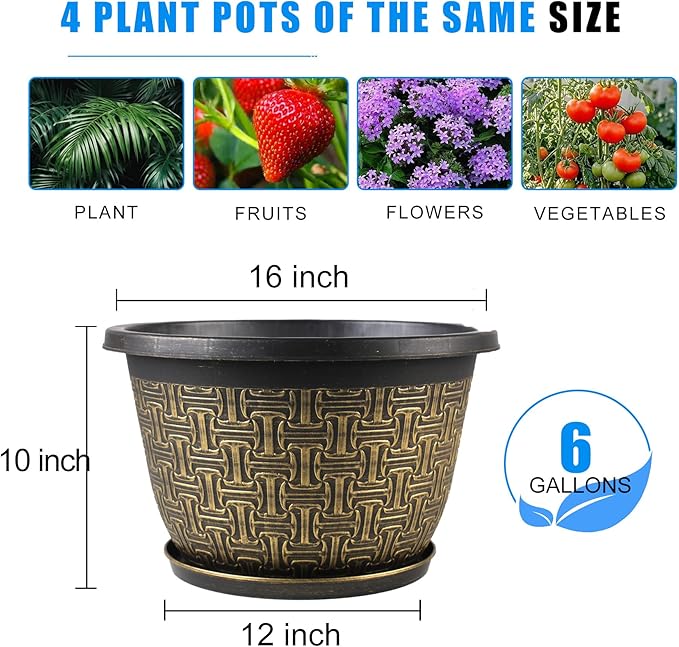 4 Pack 16 Inch Planter,Large Plastic Flower Pots Outdoor Indoor with Drainage Holes & Trays, Retro Antique Imitation Decorative Garden Plant Pots Outdoor for Houseplants