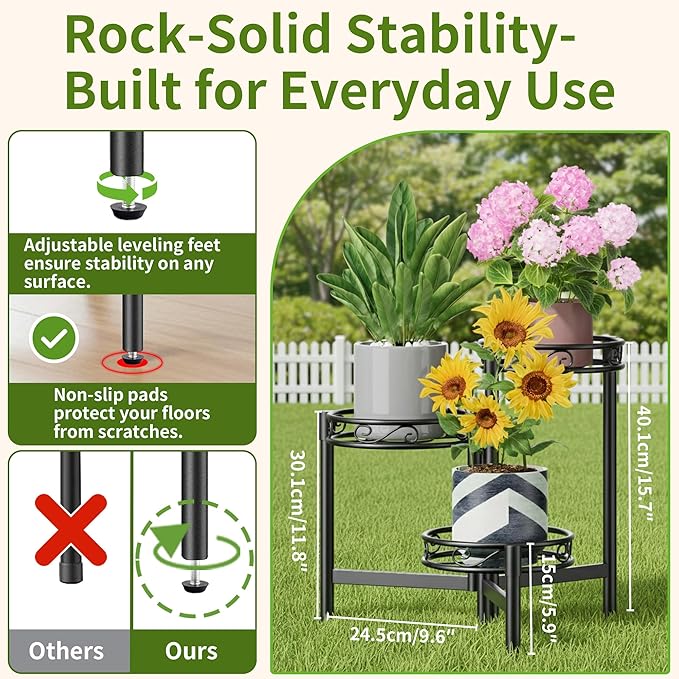 3-Tier Plant Stand Outdoor,Metal Plant Stand for Multiple Plants, Folding Tall Plant Rack Display Shelf for Corner Living Room Porch Patio Garden Office - BalckCircle