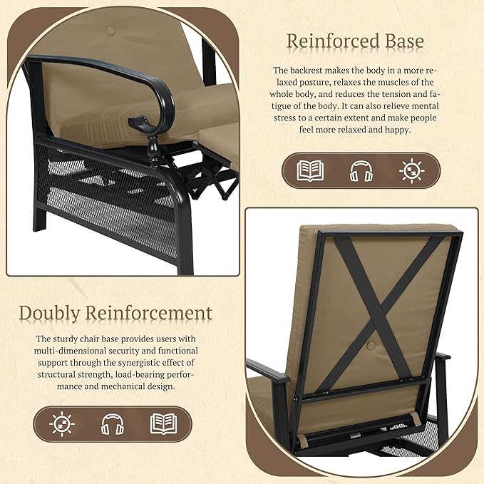 Oakcloud Adjustable Outdoor Lounge Chair Metal Patio Relaxing Recliner Chair Set with Bistro Table and Removable Cushions(Brown)