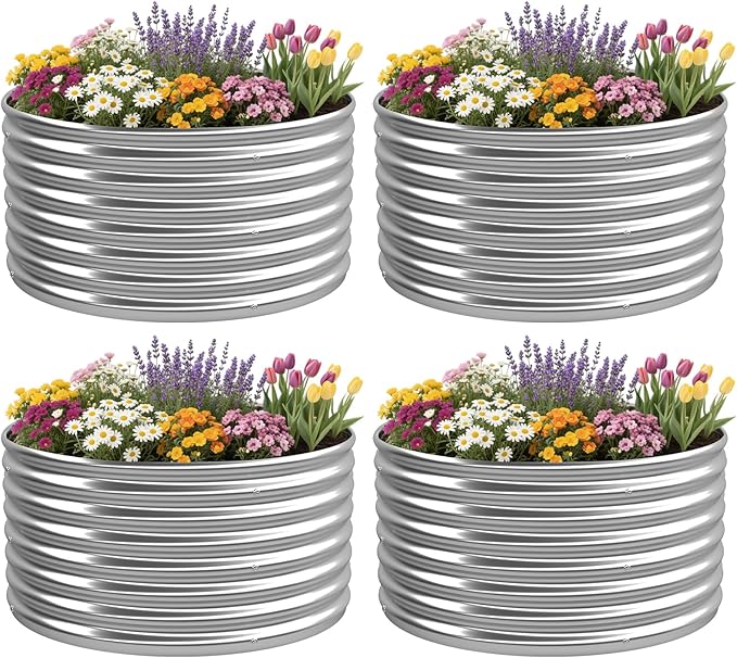 4 Pack 3x3FT Round Raised Beds for Gardening, Corrugated Galvanized Steel Raised Garden Bed, Outdoor Metal Above Ground Garden Bed for Vegetables and Flowers-3x3FTx10Inch