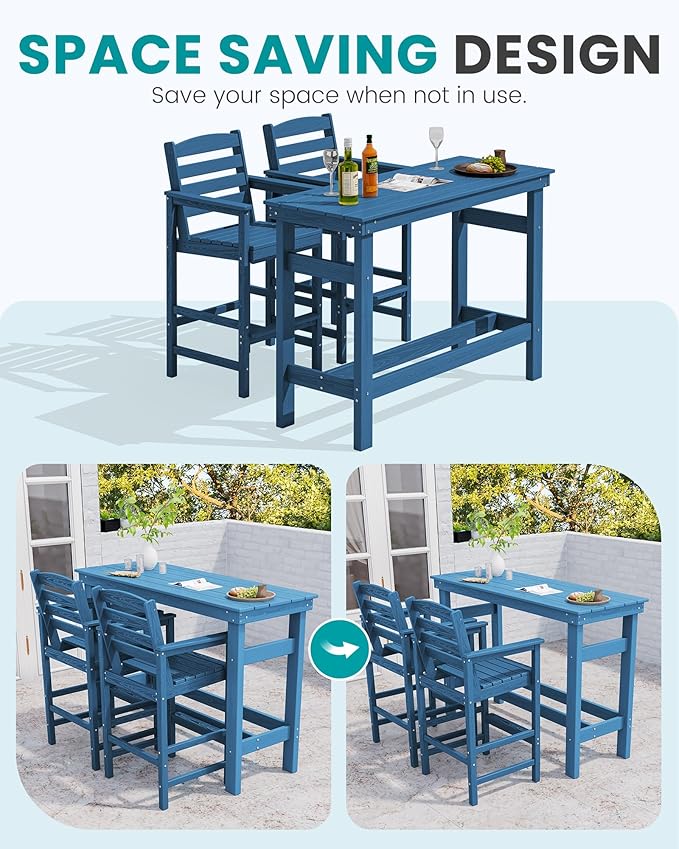 SERWALL Outdoor Bar Set - 4 Adirondack Bar Chairs & Bar Height Table with 1.6" Umbrella Hole, All-Weather HDPE Patio Furniture for Poolside, Backyard, Garden - Blue