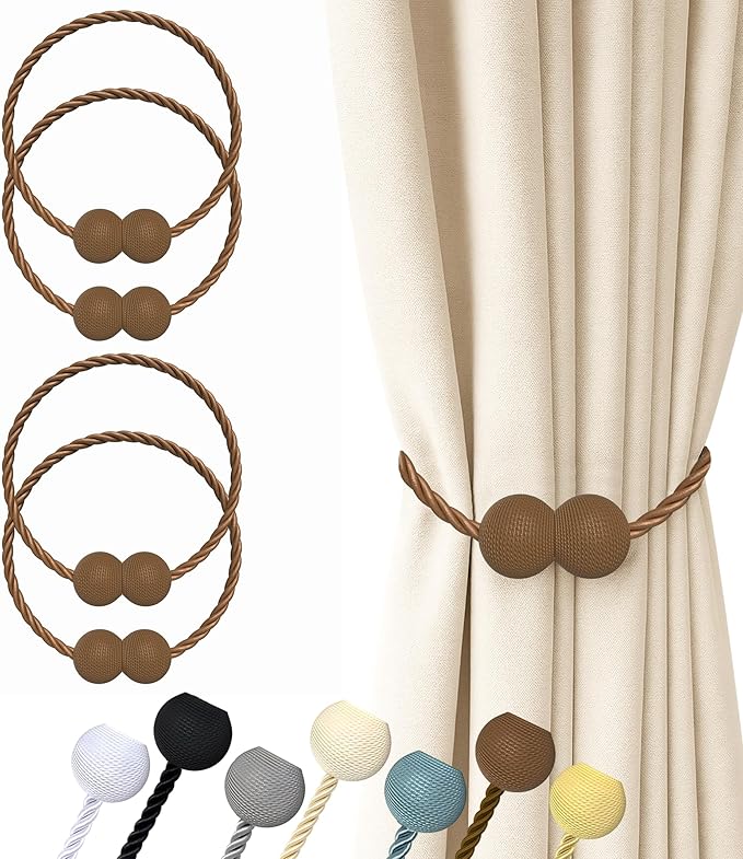 Hion Magnetic Curtain Tiebacks Dark Brown 4 Pack, Curtain Tiebacks Buckles Holdbacks Holders Hooks Clip for Home Bedroom Office Decorative Thick or Thin Curtain