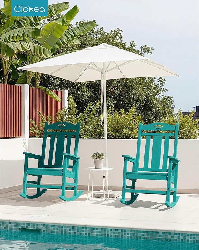 Ciokea Oversized Outdoor Rocking Chairs Set of 3, 380lbs Heavy-Duty Large Patio Rocker, High Back Cozy Porch Chairs, Weather Resistant Patio Rocking Chairs for Outside, Fire Pit, Deck, Aruba Blue
