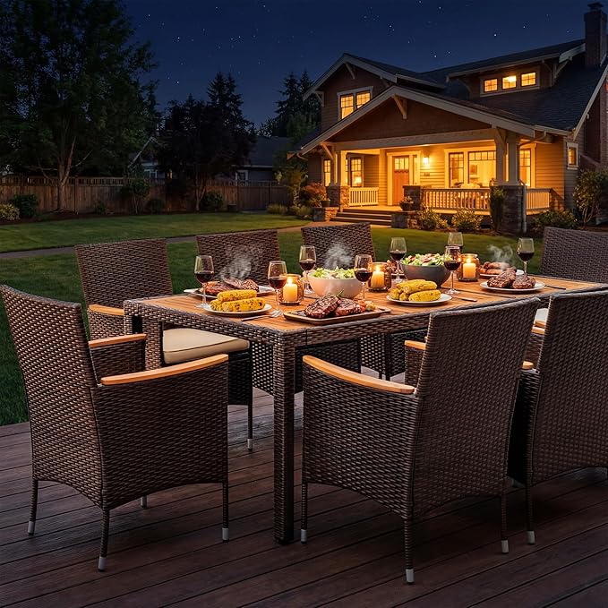 Devoko Outdoor Patio Dining Sets 9 Pieces Wicker Outdoor Dining Table and Chairs Set with Acacia Wood Table Top and Widened Armrests for Backyard, Garden, Deck (Brown)
