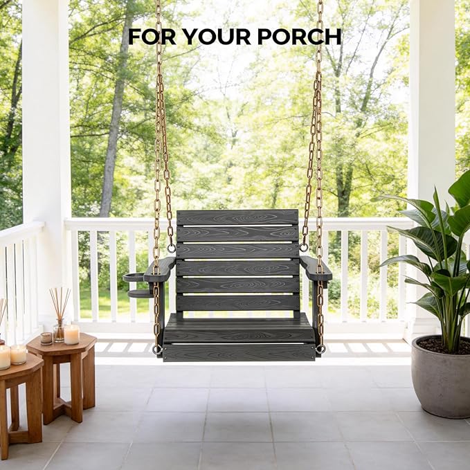 VINGLI Heavy Duty 880 LBS HDPE Porch Swing Outdoor with Rotatable Cup Holder, with Adjustable Chains, 1 Person Hanging Porch Swing Chair for Porch, Yard, Tree, Garden - Grey