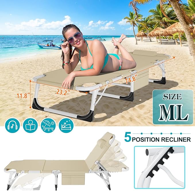 ABORON Sun Tanning Chair, 3 in 1 5 Positions Adjustable Heavy Duty Folding Chaise Lounge Chairs, Oversized with Mat/Pillow/Face Arm Hole, for Beach Pool Lawn Yard Patio