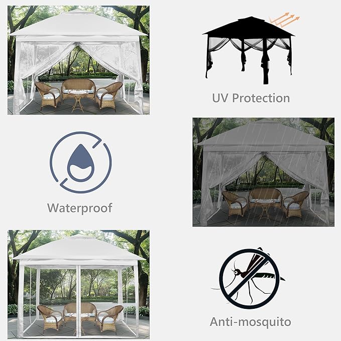GDY 11x11 Pop Up Canopy Tent, Outdoor Canopy with Netting, Outdoor Gazebo for Backyard, Tent with Hand Bag, White.