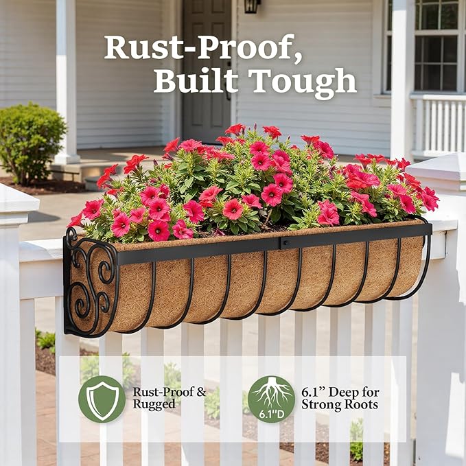 Railing Planter Boxes, 24 Inch Window Boxes Planters, Balcony Planters with Adjustable Brackets & Coco Liner & Support Rod for Outdoor Fence, Deck, Porch, and Patio Gardening, 2 Pack