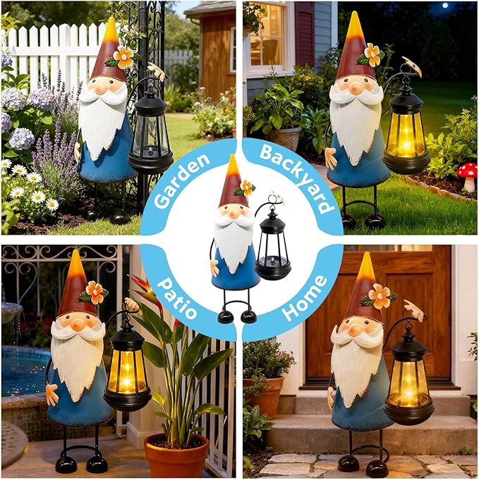 Solar Garden Gnome Statue with Lights,14.56in Tall Solar Gnome Garden Sculptures, Birthday Gift for Woman Grandma Big Metal Decorative for Outdoor Patio Porch Ornaments Lawn Yard Balcony