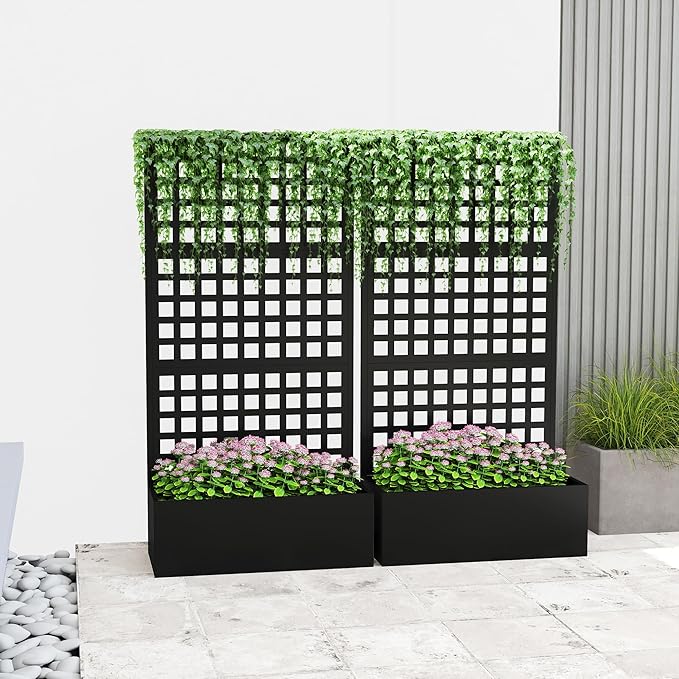 Outsunny Galvanized Raised Garden Bed with Trellis, Metal Planter Box with Drainage Holes, Outdoor Privacy Screen for Climbing Plants, Vegetable, Vines, 35" x 16" x 70", 2 Pack, Black