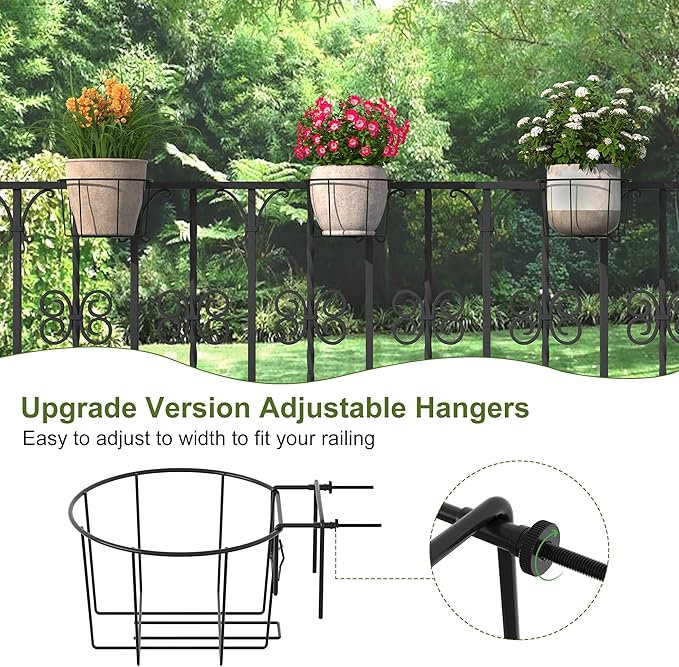 TQVAI 10 Inch Railing Planter - Fit for 3 to 5.5 Inches Railing - Adjustable Hanging Planters Outdoor Balcony Deck Flower Pot Holder Metal Baskets for Garden Orchid, Patio Ledge, 3 Pack, Black