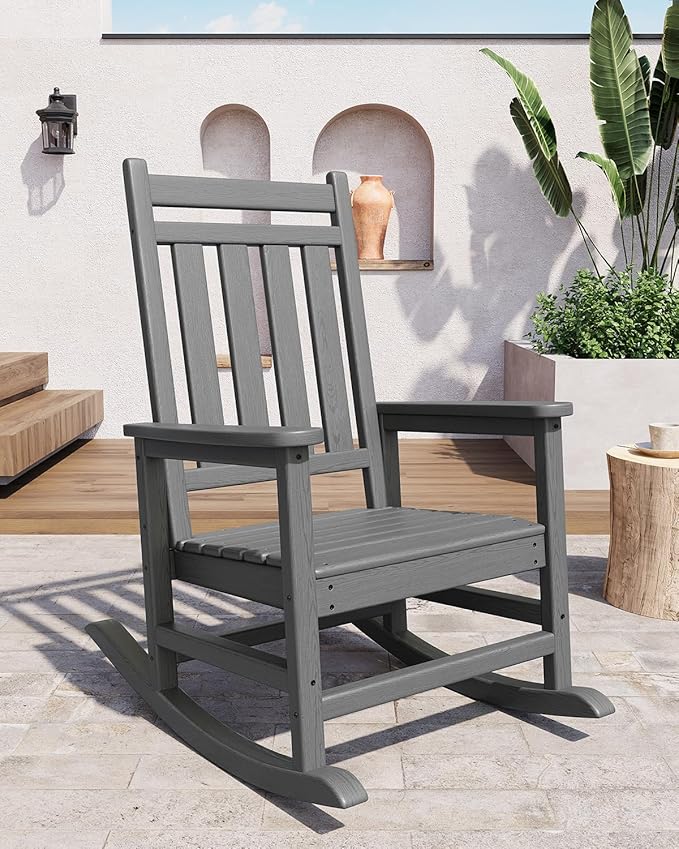 Poly Lumber Rocking Chair Outdoor Set of 6- HDPE High Back Porch Rocker Chairs for Adults - All Weather Resistant Furniture for Patio - Gray