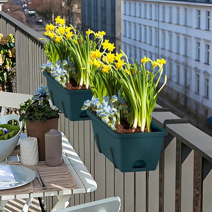 CADUKE 2 Pack Railing Planter Boxes Railing Flower Box with Adjustable Bracket 17 Inch Window Boxes Rectangle Window Deck Hanging Planters Boxes for Outdoor Patio, Green