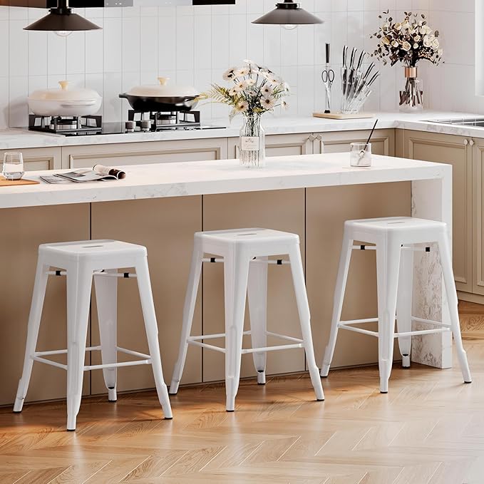 Yaheetech 24 Inch Metal Barstools Set of 4, Counter Height Backless Stools, Industrial Stackable Bar Chairs with Footrest for Kitchen/Dining Room/Bistro/Patio, White