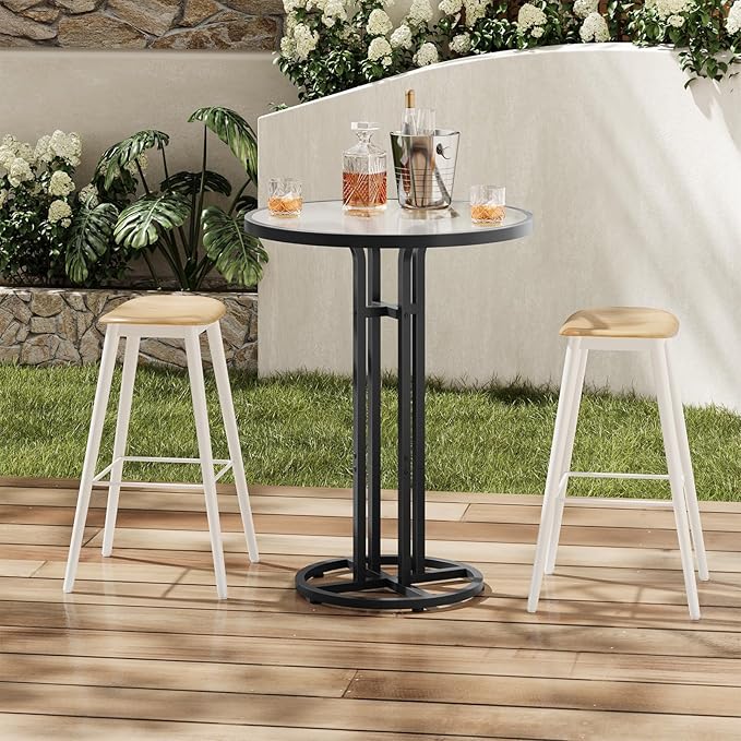 HOOBRO Bar Table, 23.6-Inch Round Pub Table, Frosted Glass Cocktail Table with Sturdy Iron Frame & Adjustable Feet, Modern Small Coffee for Home Bar, Kitchen, Living Room, Outdoor, Black BK96BT01