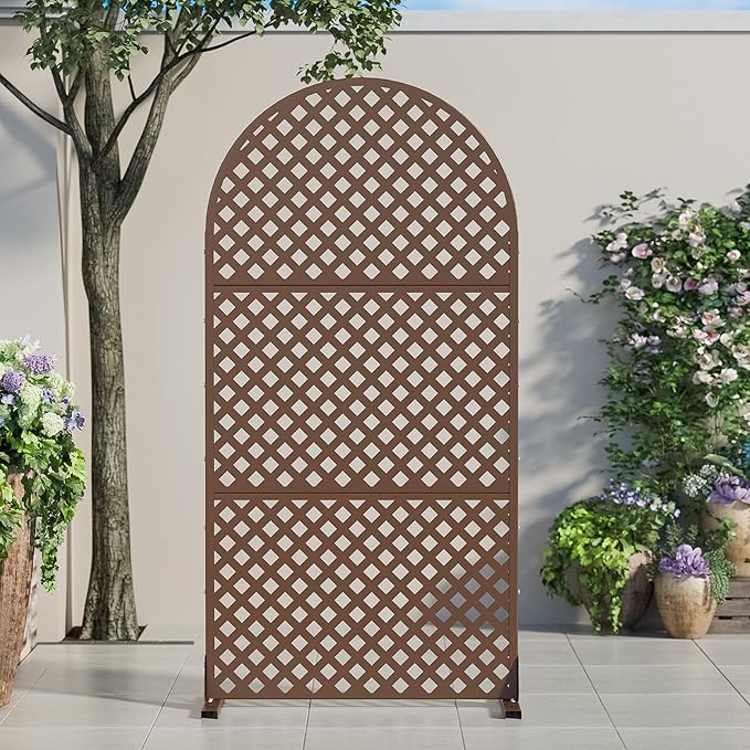 Casaphoria 72" H x 35" W Arched Metal Privacy Screen - Elegant Freestanding Outdoor Screen for Deck, Patio & Balcony - Versatile Decorative Privacy Panels for Home & Garden Use (Brown-Laurence)