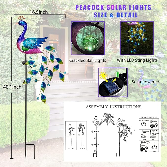 DREAMSOUL Peacock Solar Garden Lights Outdoor Decorative Stake, Waterproof Metal Peacock Garden Decor Solar Powered Landscape LED Path Lights Walkway Patio Decoration Lawn Ornament