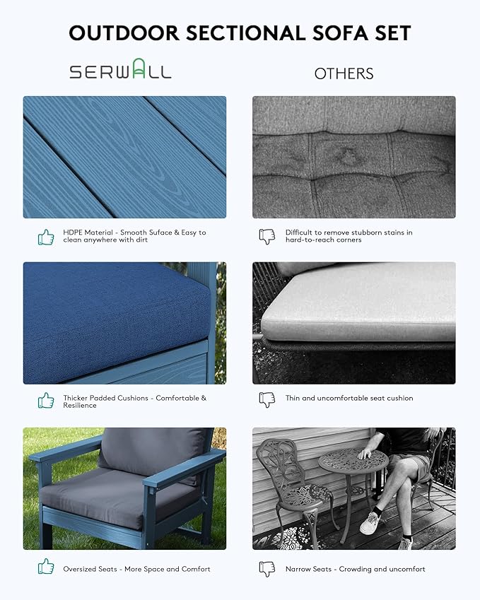 SERWALL HDPE Patio Conversation Set, 6-piece Sectional Outdoor Furniture Set, All Weather Outdoor Couch Set Patio Furniture Set for Deck, Lawn, Blue Frame with Grey Cushion
