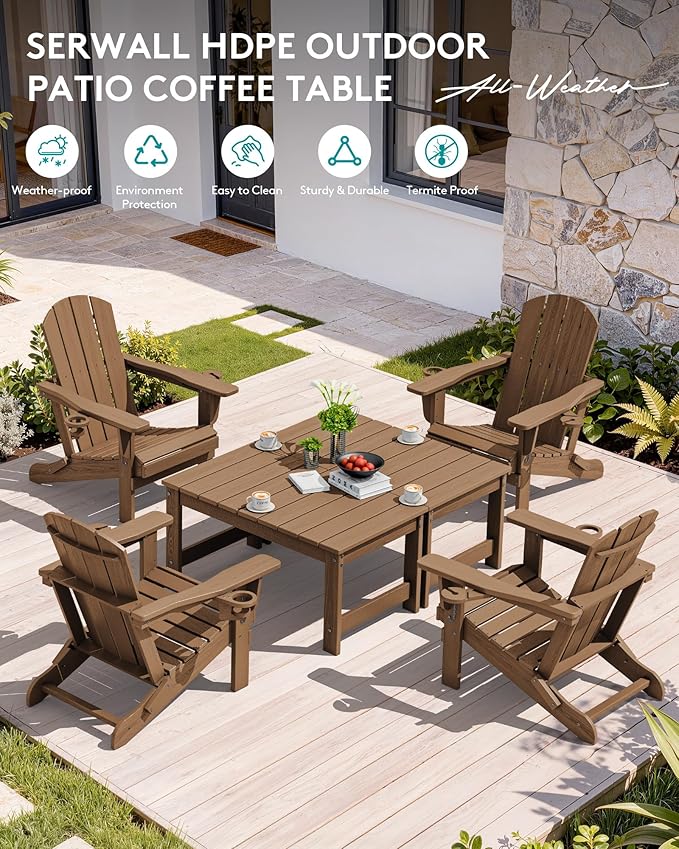 SERWALL Outdoor Coffee Table with 1.69" Umbrella Hole, HDPE Patio Coffee Table for Outside, Rectangle, Brown