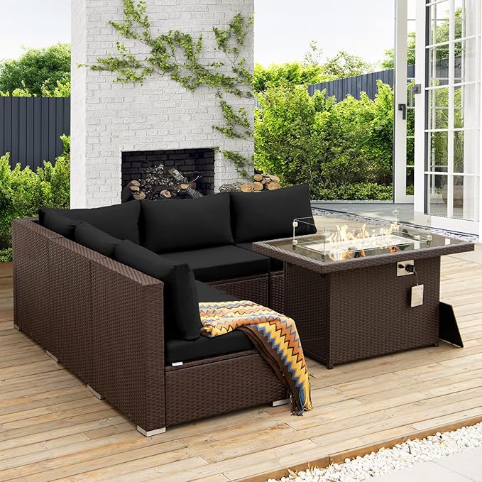 NICESOUL 6 Piece L Shaped Outdoor Sofa with Fire Pit Natural Gas/Propane, 29.3'' High-Back Comfy Wicker Patio Furniture Set Fireplace, Modern Deep Seat Conversations, Brown Rattan and Black Cushion