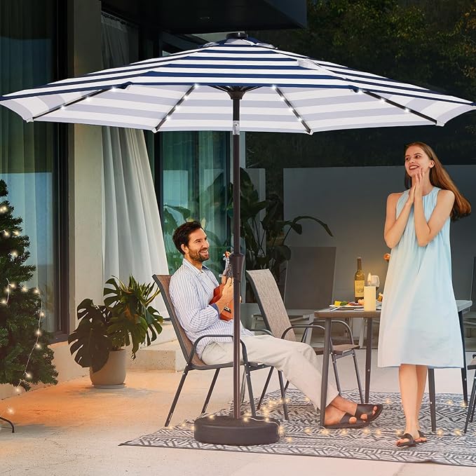 JEAREY 9FT Outdoor Patio Umbrella with Solar Lights, LED Lighted Pool Umbrella with Tilt and Crank, Outdoor Table Umbrellas for Deck, Yard & Market (Blue White Striped)