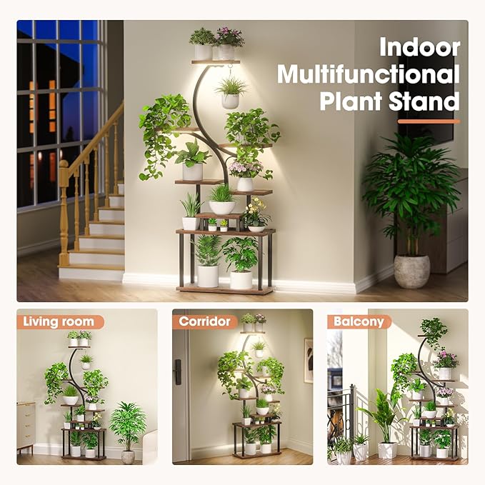 Plant Stand Indoor with Grow Light, 8 Tiered 66" Tall Plant Shelf, Corner Large Plant Stand for Indoor Plants Multiple, Metal S-Shaped Plant Flower Holder, for Living Room, Patio, Balcony
