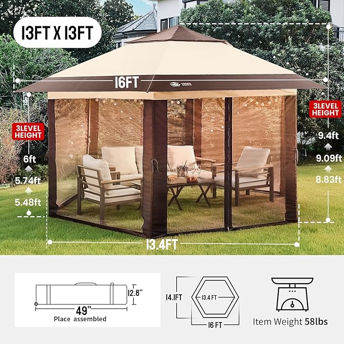 CROWN SHADES 13x13 Pop Up Gazebo with Mosquito Nettings, Patented Center Lock 6-Sided Portable Gazebo, 300D Silver-Coated Fabric UV Resistant, Pop Up Canopy Tent for Patio, Party, Beige&Coffee