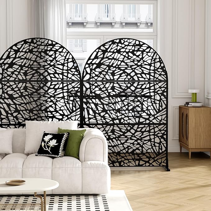 Casaphoria 72" H x 47" W Arched Metal Privacy Screen - Elegant Freestanding Outdoor Screen for Deck, Patio & Balcony - Versatile Decorative Privacy Panels for Home & Garden Use (Black-Net)