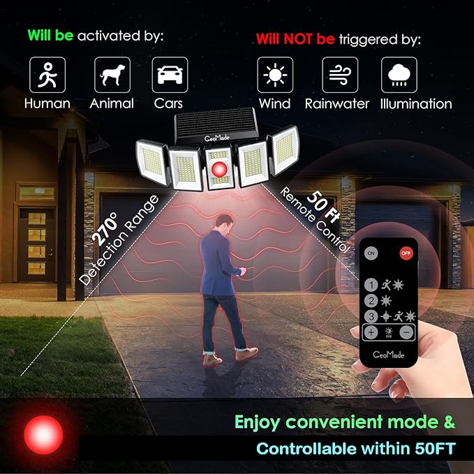 Solar Outdoor Lights, Flood Light Motion Sensor & Dusk to Dawn, Solar Spotlights Outdoor Waterproof, 300 Security LED & Remote Control, 5 Head 270°, Spot lamp for Wall Backyard, 2 Pack