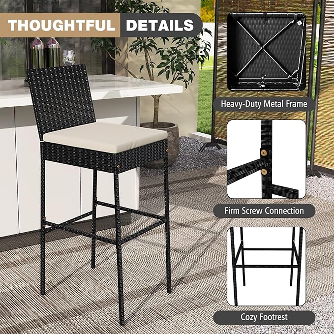 HAPPYGRILL Wicker Patio Barstools Set of 2, Outdoor Rattan Bar Chairs with Footrest & Backrest, Armless High Top Chairs with Seat Cushions for Backyard, Balcony