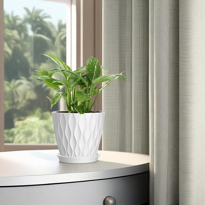6 Inch Plant Pots, 6 Pack Indoor Flower Pots, Planters with Drainage Holes and Trays for Orchids, Violets, Succulents, Herbs, and Other Plants,White