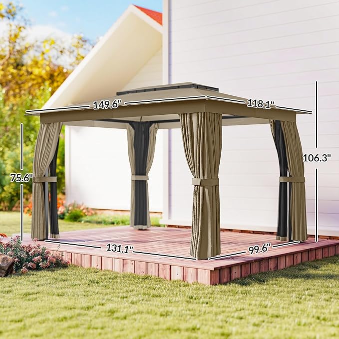 Outsunny 10' x 12' Outdoor Patio Gazebo, Heavy Duty Gazebo Canopy Shelter with Double Roof, Curtains, Netting, Steel Frame, UPF30+ Protection, Ceiling Hooks for Lawn, Backyard, Deck, Khaki