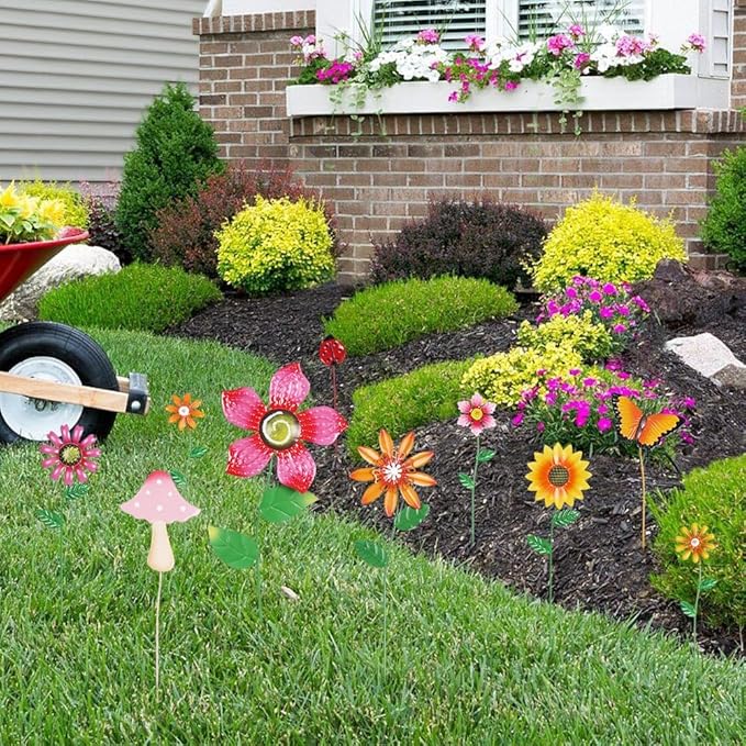 hogardeck Garden Decor for Outside, Set of 10 Metal Flowers Garden Stakes with Mushroom Butterfly Ladybug for Spring Decor, Yard Art Garden Decorations for Outdoor Lawn Porch Pathway (Multi-Color)