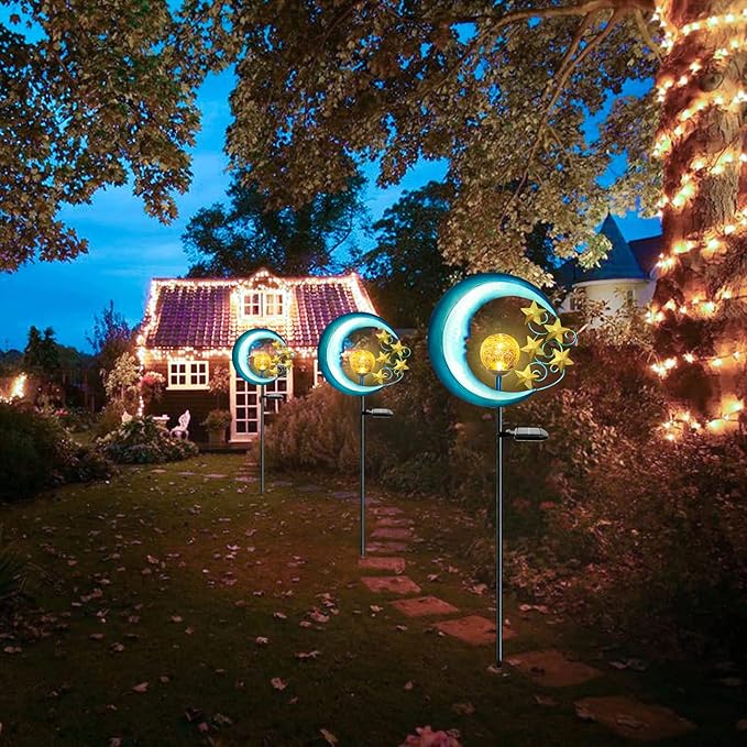 Stars Moon Solar Lights Outdoor - Solar Powered Garden Lights Decorative Crackle Glass Globe Led Waterproof Landscape Lighting for Pathway,Yard,Lawn,Patio