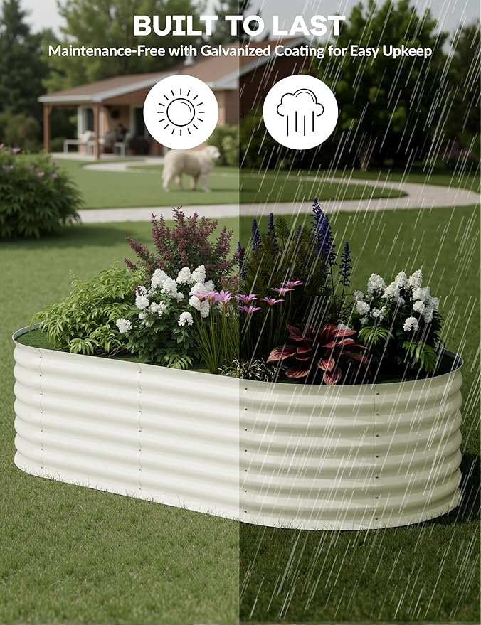 GarveeLife 6x3x2 ft Galvanized Raised Garden Bed - 24“ Tall Metal Planter Box for Vegetables, Flowers, Herbs, Rust-Resistant Outdoor Garden Box, Easy Assembly Raised Beds for Gardening, Beige