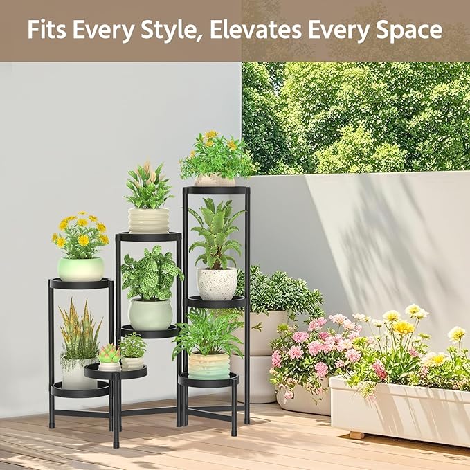 LASZOLA 8 Tiered Folding Plant Stand Indoor for Multiple Large Planter, Tall Heavy Duty Adjustable Rack with Rust Proof Plastic Shelving, Sturdy Vertical Tree Organizer for Narrow Inside Floor, Black